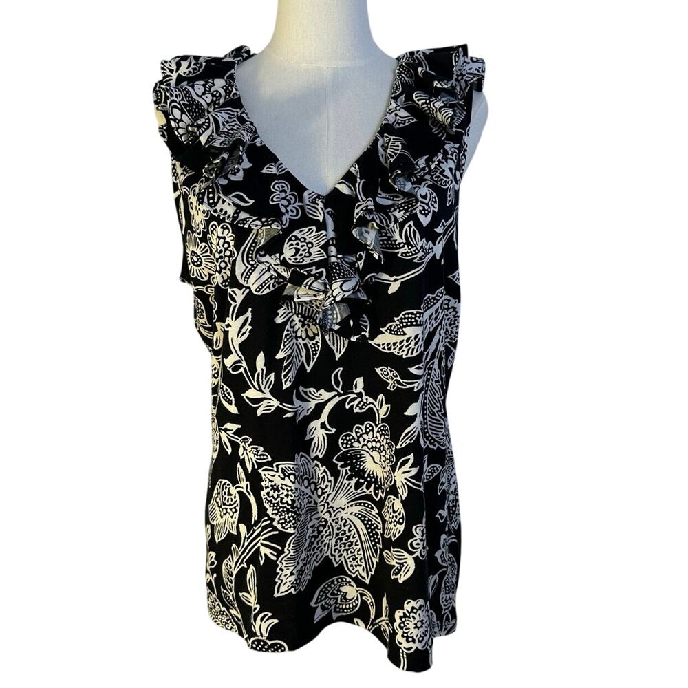 Lauren Ralph Lauren Black Floral Paisley Ruffle Neck Sleeveless Top Tank Sz L